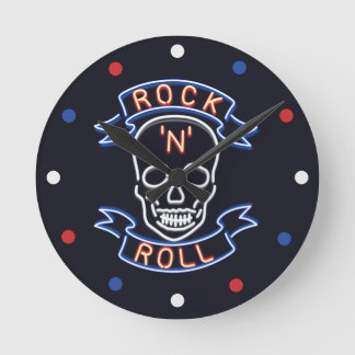 Neon Rock N Roll Skull Red Blue White Wall Clock