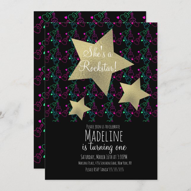 Neon Rockstar Guitar Faux Gold Star Birthday Invitation (Front/Back)