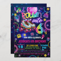 Neon Roller Skate 6th Birthday Invitation