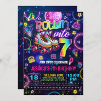 Neon Roller Skate 7th Birthday Invitation