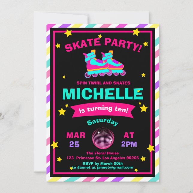 Neon Roller Skating Chalkboard Rainbow Birthday Invitation (Front)