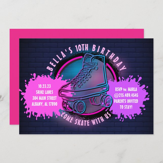 NEON ROLLER SKATING GLOW NEON PINK Birthday Party (Front/Back)