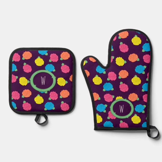Neon Roses Oven Mitt & Pot Holder Set (Front)