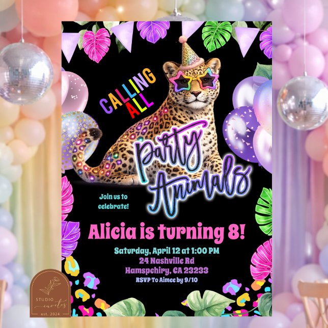 Neon Safari Leopard tween birthday invitation (Creator Uploaded)