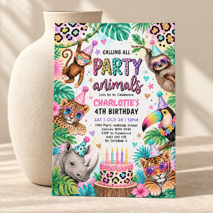 Neon Safari Party Animals Girl Birthday Invitation