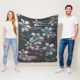 Neon Sakura Glitch - Futuristic flower pattern Fleece Blanket
