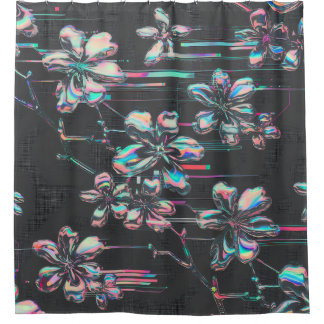 Neon Sakura Glitch - Futuristic flower pattern Shower Curtain