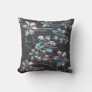 Neon Sakura Glitch – Futuristisches Blumenmuster Cushion