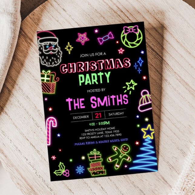Neon Santa Modern Christmas Party Invitation (Modern Neon Santa Christmas Party Invitation)