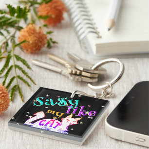 Neon Sassy Like My Cat Catchy Flowers Text Black Key Ring