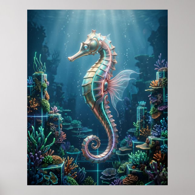Neon Seahorse Coral Grid Poster (Front)