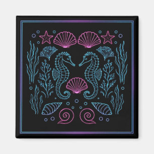 Neon Seahorses Purple shells nautical Magnet