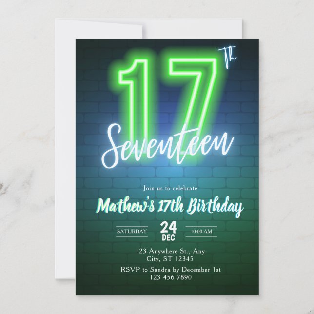 Neon seventeenth birthday Invitation (Front)