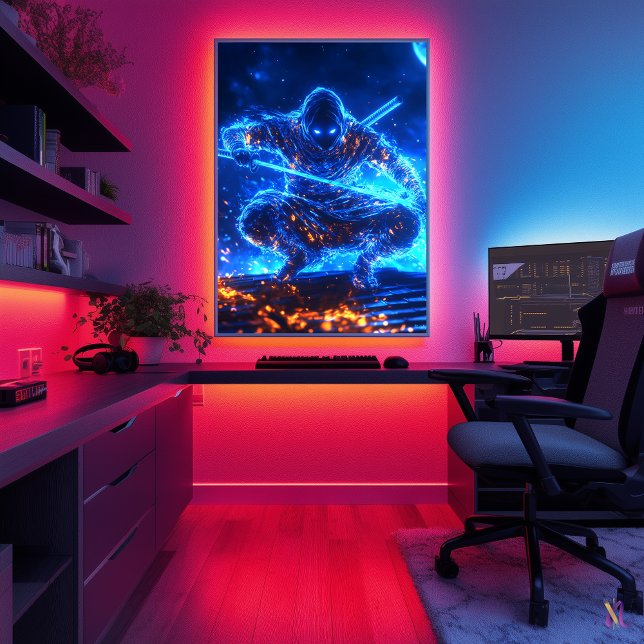 Neon Shadow Assassin – Cyberpunk Ninja in Blue Fla Poster (Creator Uploaded)