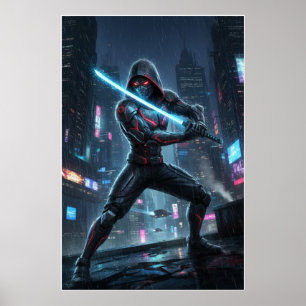 Neon Shadow Samurai Art Poster