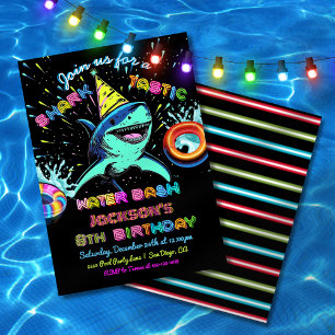 Neon Shark Pool Birthday Party Invitation