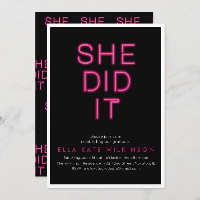 Neon- She Did It Graduation Party Invitation (Front/Back)