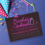 Neon Sign Birthday Cocktail Party Invitation<br><div class="desc">Neon sign "birthday cocktails" with bottle silhouette. Brick background; pink and turquoise colors.  Customize with your details; add more photos and/or text to the back; backer color is editable.</div>