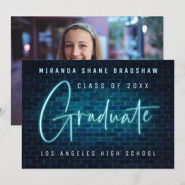 Neon Sign Blue Graduate Photo Backer Announcement (Front/Back)