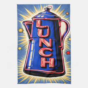 Neon Sign, Coffee Pot, Lunch, POP Art Style Tea Towel