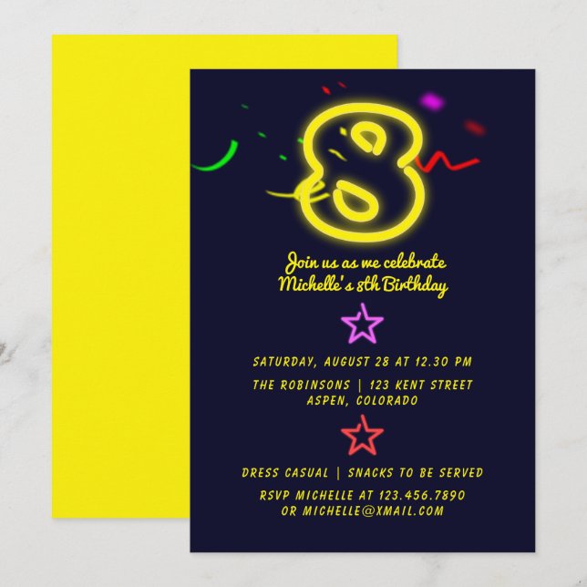 Neon Sign Eighth Birthday Party Invitation (Front/Back)