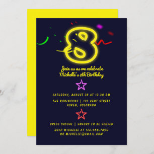 Neon Sign Eighth Birthday Party Invitation