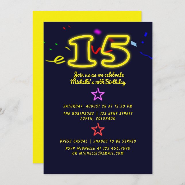Neon Sign Fifteenth Birthday Party Invitation (Front/Back)