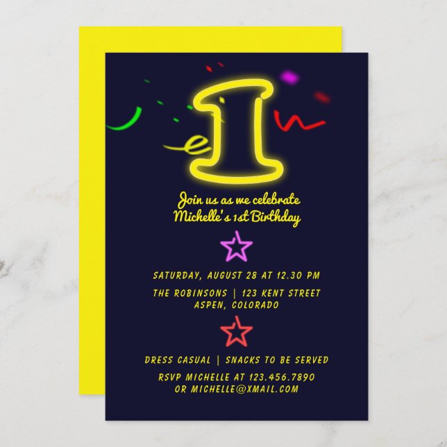 Neon Sign First Birthday Party Invitation (Front/Back)