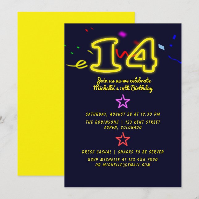 Neon Sign Fourteenth Birthday Party Invitation (Front/Back)