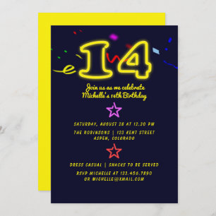 Neon Sign Fourteenth Birthday Party Invitation