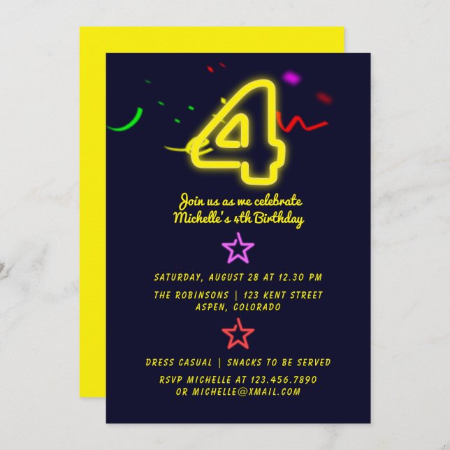 Neon Sign Fourth Birthday Party Invitation (Front/Back)