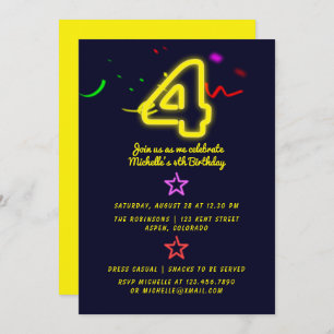 Neon Sign Fourth Birthday Party Invitation