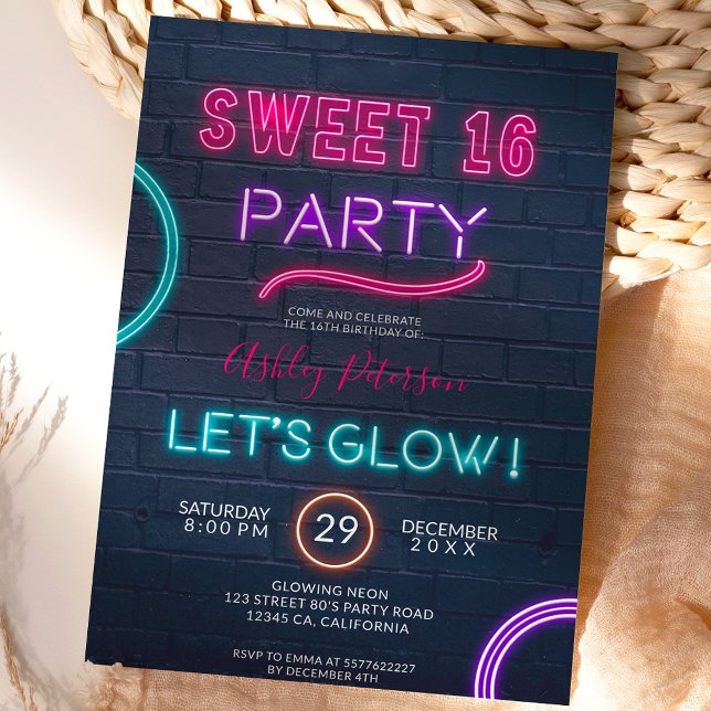Neon sign glow in the dark pink bricks Sweet 16 Invitation (Creator Uploaded)