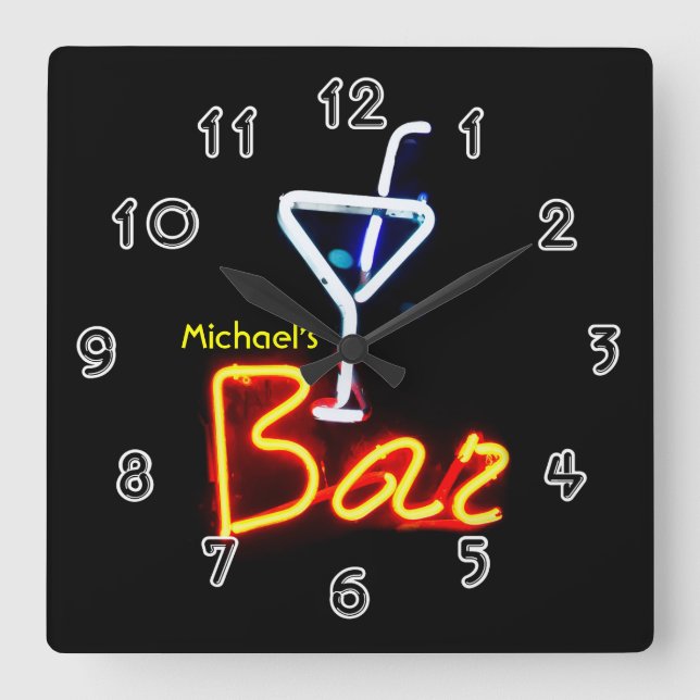 Neon Sign Home Bar Personalized Square Wall Clock (Front)