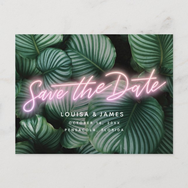 Neon Sign Modern Tropical Save the Date Postcard (Front)