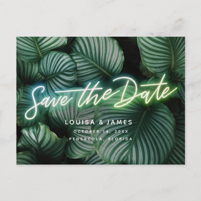Neon Sign Modern Tropical Save the Date Postcard (Front)