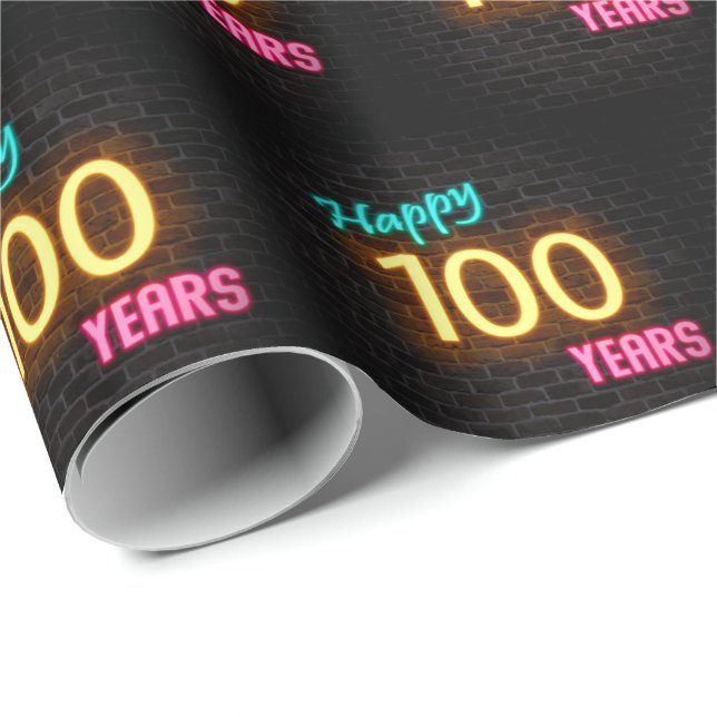Neon Sign on Brick for 100th Birthday Wrapping Paper (Roll Corner)