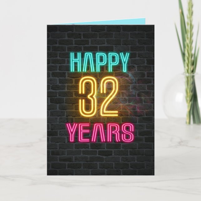 Neon sign on brick for 32nd birthday card (Front)