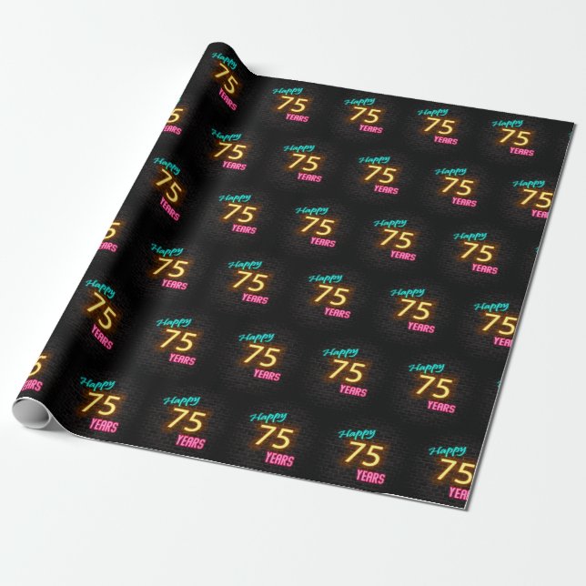 Neon Sign on Brick for 75th Birthday Wrapping Paper (Unrolled)