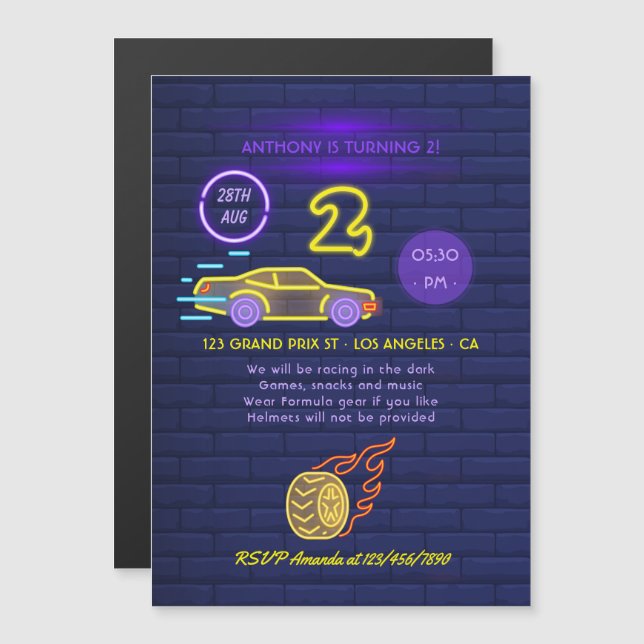 Neon sign Racing Car themed Boy 2nd Birthday Party Magnetic Invitation (Front/Back)
