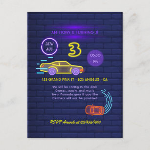 Neon sign Racing Car themed Boy 3rd Birthday Party Postcard