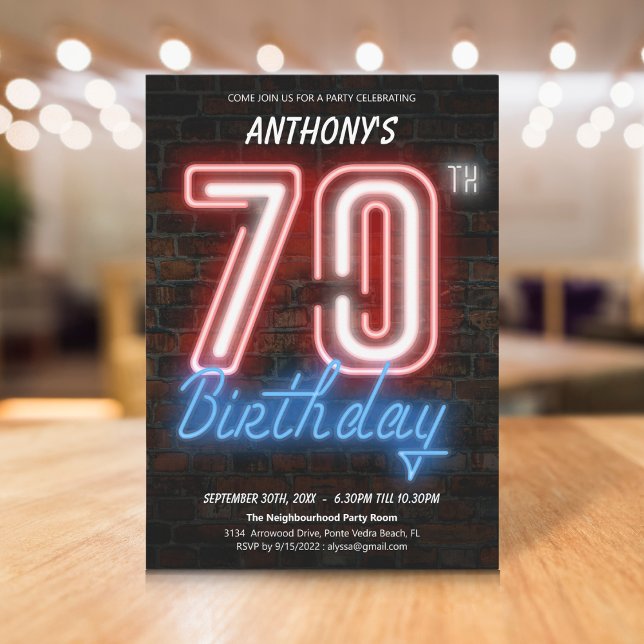 Neon Sign Retro 70th Birthday Party Invitation (Neon Sign Retro 70th Birthday Party Invitation)