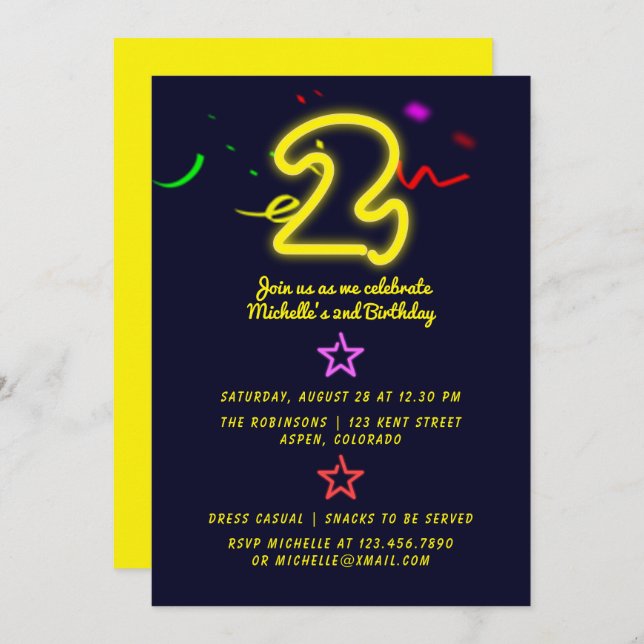 Neon Sign Second Birthday Party Invitation (Front/Back)