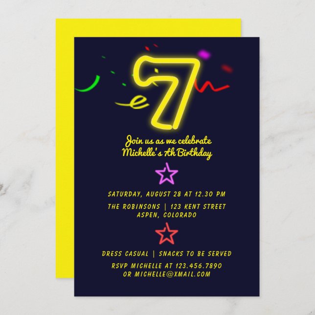 Neon Sign Seventh Birthday Party Invitation (Front/Back)