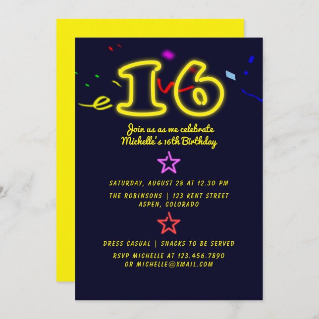 Neon Sign Sixteenth Birthday Party Invitation (Front/Back)