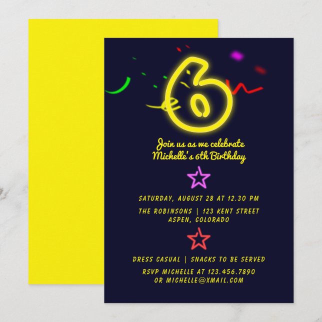 Neon Sign Sixth Birthday Party Invitation (Front/Back)