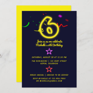 Neon Sign Sixth Birthday Party Invitation