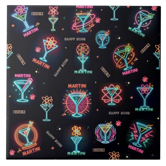 Neon Sign Space Age Atomic Martini Cocktails Print Ceramic Tile (Front)