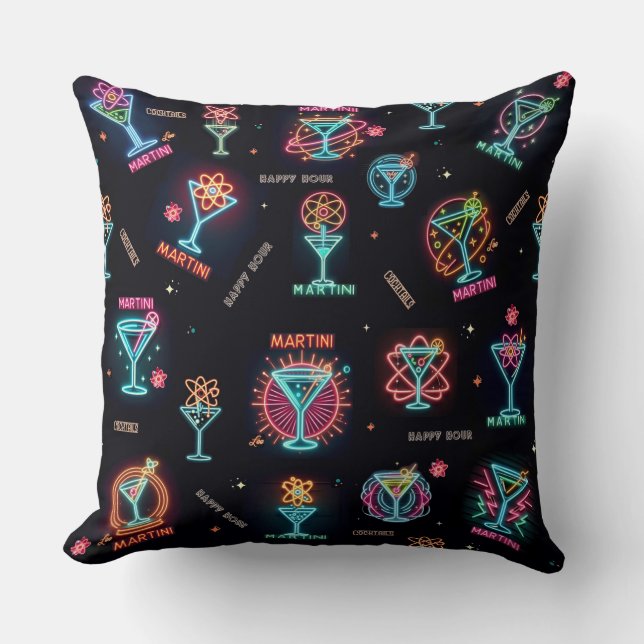 Neon Sign Space Age Atomic Martini Cocktails Print Cushion (Front)