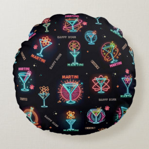 Neon Sign Space Age Atomic Martini Cocktails Print Round Cushion